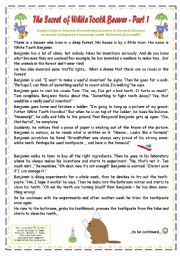 6 PAGES • 4 WSS IN 1 WORD DOCUMENT!! • 6 TASKS • The Secret of White Tooth Beaver - PART 1 (educational reading comprehension) • FULLY EDITABLE • Present Simple • Past Simple • regular and irregular verbs • ANSWER KEY INCLUDED!!