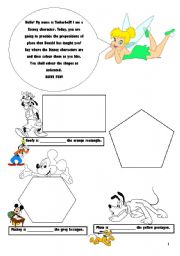 English Worksheet: Shapes, Colours and Prepositions of Place with Disney Characters (3 pages)