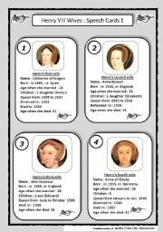 English Worksheet: Henry VIII Wives : SPEECH CARDS PART 1