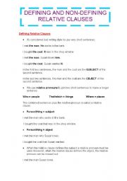 English Worksheet: DEFINING AND NON-DEFINING RELATIVE CLAUSES