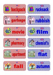 English Worksheet: British English vs American English memory game - part 1