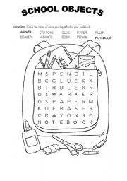 English Worksheet: SCHOOL OBJECTS WORDSOUP