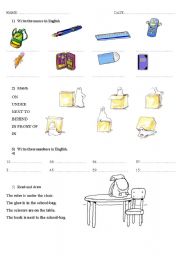 English Worksheet: Revision of School Objects + Prepositions