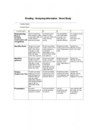 English worksheet: marking rubric for novel study