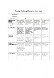 English Worksheet: marking rubric for novel study