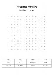 English worksheet: Five little monkeys jumping on the bed - Word puzzle