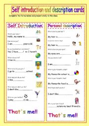 English Worksheet: self introduction and description cards