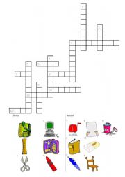 English Worksheet: school objects crossword
