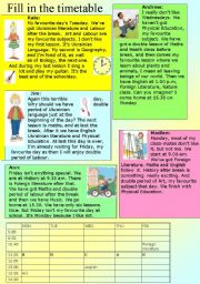 English Worksheet: SCHOOL TIMETEBLE_fill in exercise_editable_with key