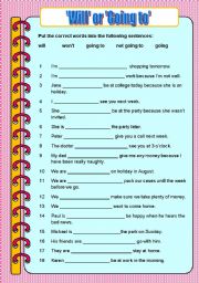 English Worksheet: Will or going to