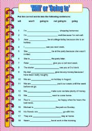 English Worksheet: Will or going to