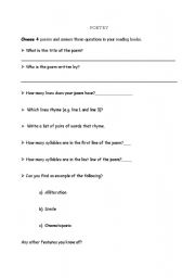 English worksheet: Poetry questions