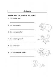 English Worksheet: Animals - Abilities (Can/Cant)