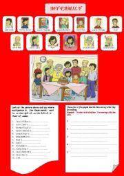 English Worksheet: My family - place prepositions - describing people