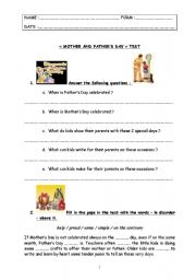 English Worksheet: special days : test step 5 - Mothers Day & Fathers Day