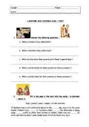 English worksheet: special days : test step 5 - Mothers Day & Fathers Day