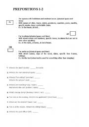 English worksheet: Prepositions in on at