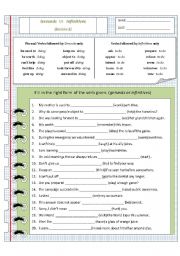 English Worksheet: Verbs followed by Gerunds only or Infinitives only (Exercise 2 and Answer Key)
