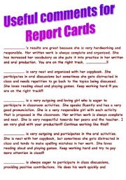 English Worksheet: Comments for report cards - first part of the year