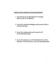 English Worksheet: Health and Entertainment Discussion Questions