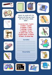 English Worksheet: School vocabulary - countable or uncountable