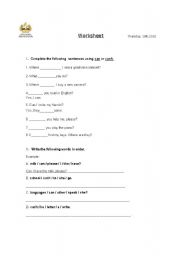 English worksheet: modal can-cant