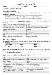 English Worksheet: prefixes & suffixes brief notes (with practices)