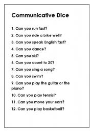 English worksheet: CAN and CANT - Speaking  Activity