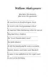 English Worksheet: William Shakespeare: you have the answers , you write the questions