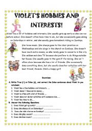 English Worksheet: VIOLETS HOBBIES AND INTERESTS