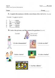 English worksheet: to be test/ personal information