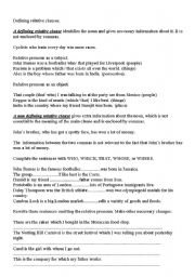 English Worksheet: defining and non defining relative clauses