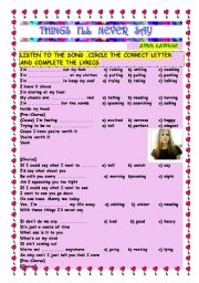 English Worksheet: SONG: THINGS ILL NEVER SAY - Avril Lavigne