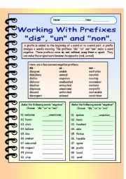 English Worksheet: Negative Prefixes dis, non and un,  with Answer Key.  Editable. 