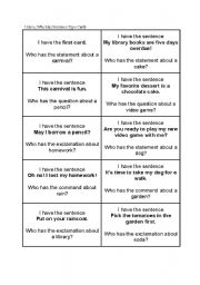 English Worksheet: I Have Who Has Sentences Game