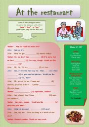 English Worksheet: At the restaurant + some, any, one