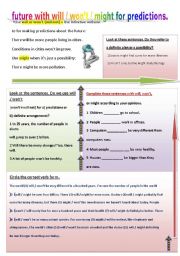 English Worksheet: future with will / wont / might for predictions.