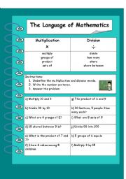 English Worksheet: The Language of Mathematics: Multiplication and Division