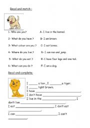 English worksheet: animals matching and gap filling