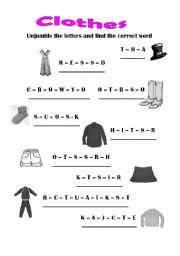 English Worksheet: clothes unjumble the letters