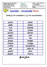 English Worksheet: countable and uncountable