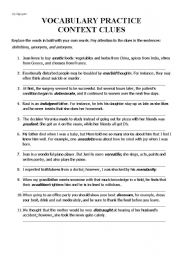 English Worksheet: VOCABULARY PRACTICE - CONTEXT CLUES