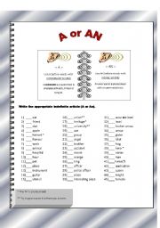 English Worksheet: Indefinite articles : A - An worksheet (key included)