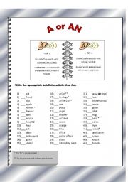 Indefinite articles : A - An worksheet (key included)