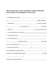 English worksheet: Gap Fill using -ed & -ing Adjective endings