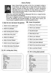 English Worksheet: Harry Potter and personal information
