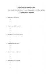 English worksheet: Daily Routine Questionnaire