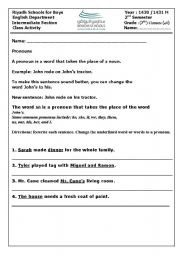 English worksheet: change a word to a pronoun