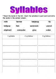 English Worksheet: 1 to 3 syllables