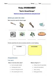 English Worksheet: Garlic Bread Video Worksheet